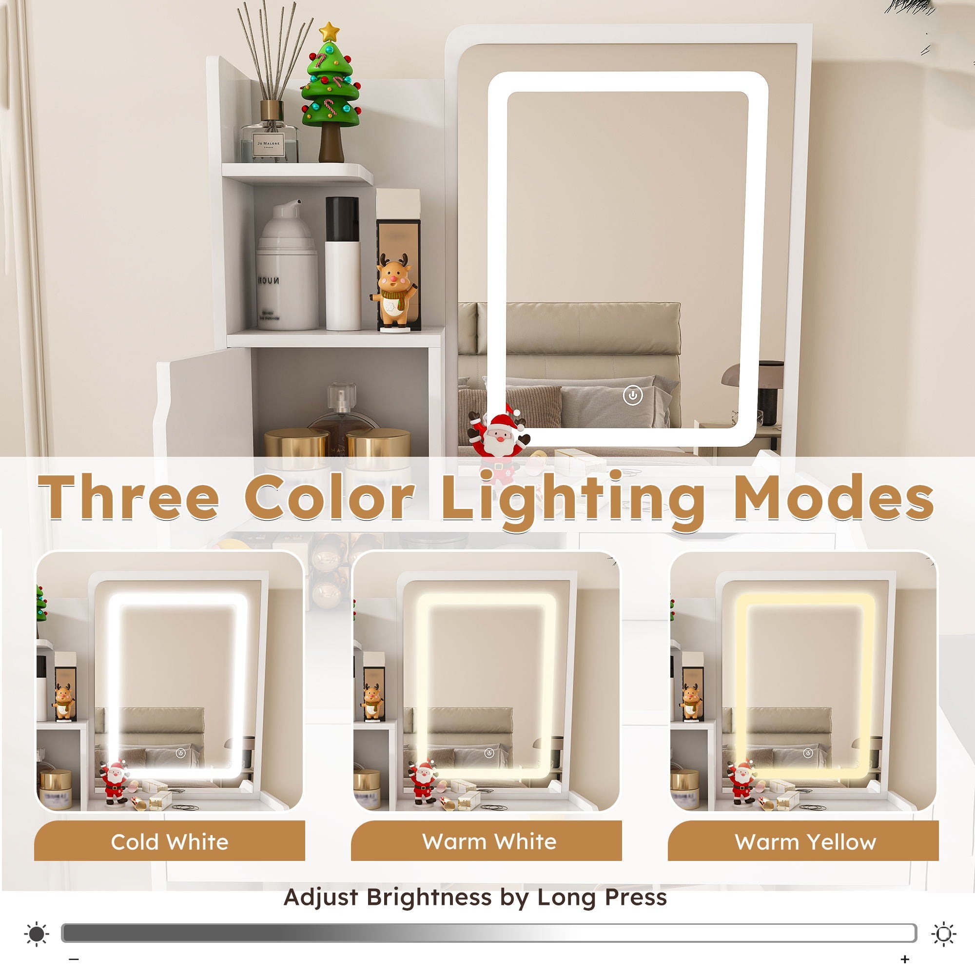 LED Vanity Mirror With Stool, 2 Drawers & 5 Storage Cabinets, Adjustable Lighting Mdf Dressing Table For Bedroom - White