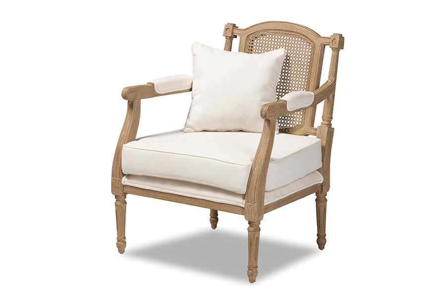 Baxton Studio Clemence French Provincial Ivory Fabric Upholstered Whitewashed Wood Armchair