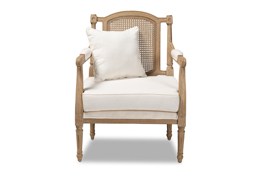 Baxton Studio Clemence French Provincial Ivory Fabric Upholstered Whitewashed Wood Armchair