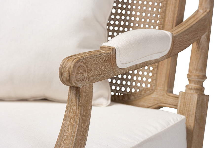 Baxton Studio Clemence French Provincial Ivory Fabric Upholstered Whitewashed Wood Armchair