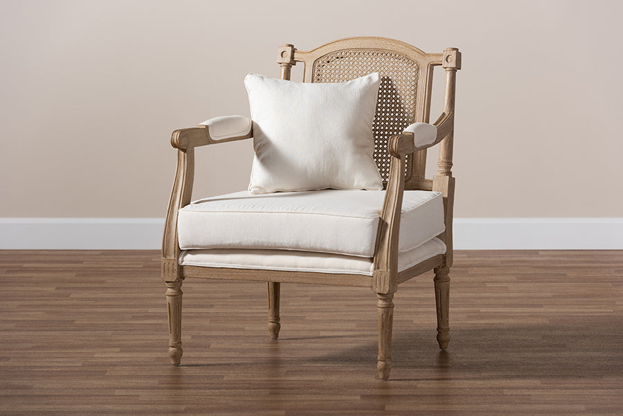 Baxton Studio Clemence French Provincial Ivory Fabric Upholstered Whitewashed Wood Armchair