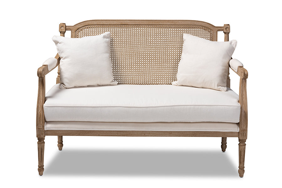Baxton Studio Clemence French Provincial Ivory Fabric Upholstered Whitewashed Wood Loveseat