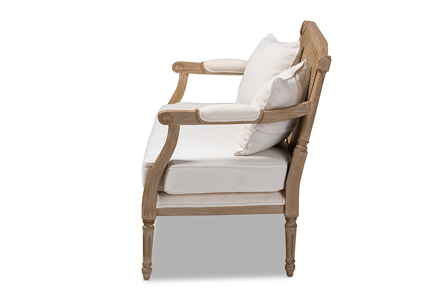 Baxton Studio Clemence French Provincial Ivory Fabric Upholstered Whitewashed Wood Loveseat