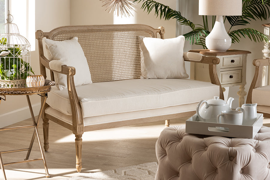 Baxton Studio Clemence French Provincial Ivory Fabric Upholstered Whitewashed Wood Loveseat