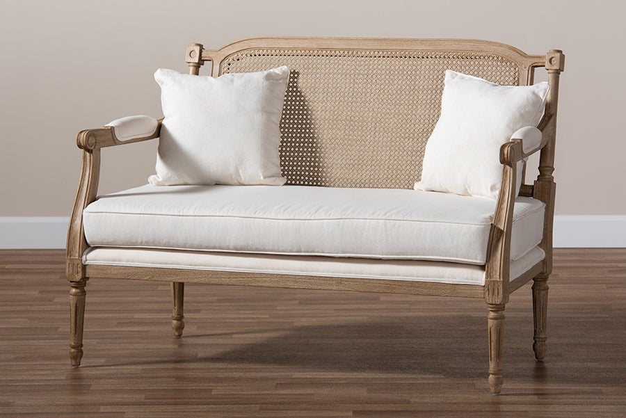 Baxton Studio Clemence French Provincial Ivory Fabric Upholstered Whitewashed Wood Loveseat