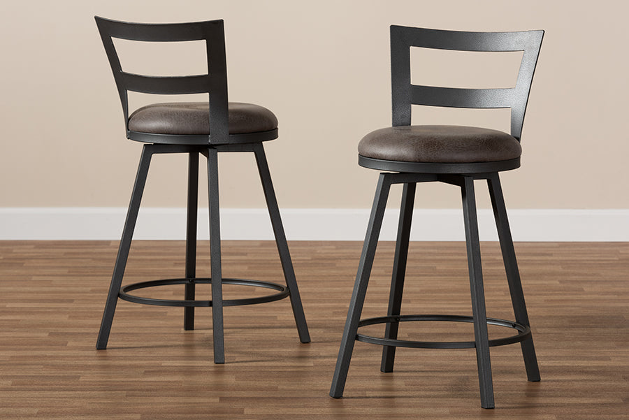 Baxton Studio Arjean Rustic and Industrial Grey Fabric Upholstered Counter Stool Set of 2
