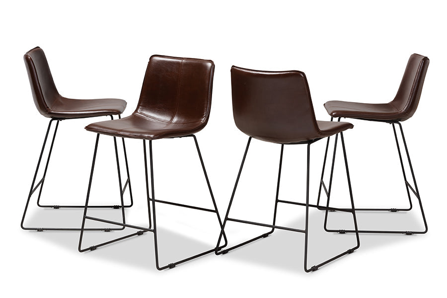 Baxton Studio Carvell Rustic and Industrial Dark Brown Faux Leather Upholstered Counter Stool Set of 4
