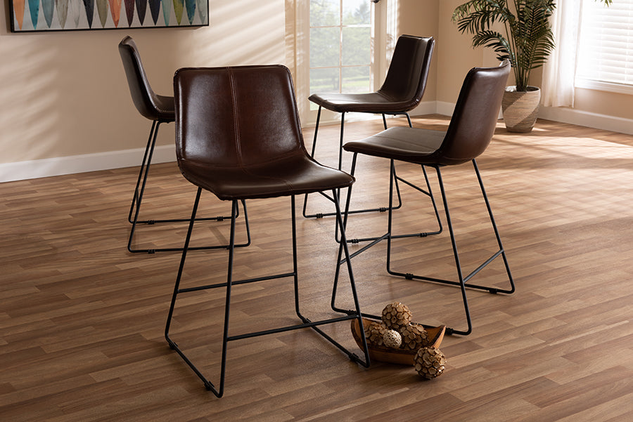 Baxton Studio Carvell Rustic and Industrial Dark Brown Faux Leather Upholstered Counter Stool Set of 4