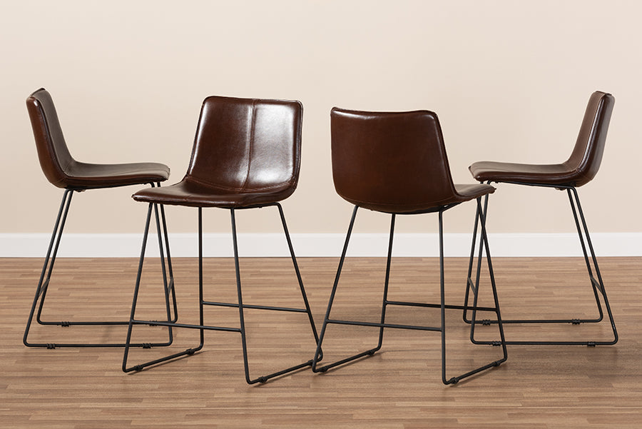 Baxton Studio Carvell Rustic and Industrial Dark Brown Faux Leather Upholstered Counter Stool Set of 4