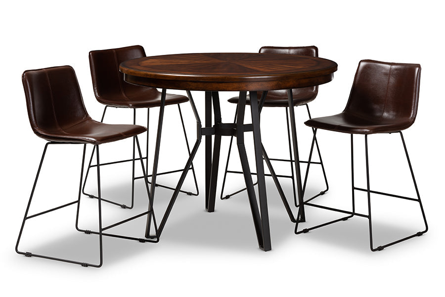 Baxton Studio Carvell Rustic and Industrial Dark Brown Faux Leather Upholstered 5-Piece Pub Set