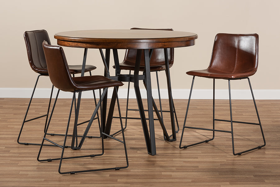 Baxton Studio Carvell Rustic and Industrial Dark Brown Faux Leather Upholstered 5-Piece Pub Set