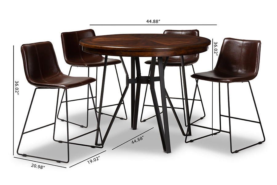Baxton Studio Carvell Rustic and Industrial Dark Brown Faux Leather Upholstered 5-Piece Pub Set