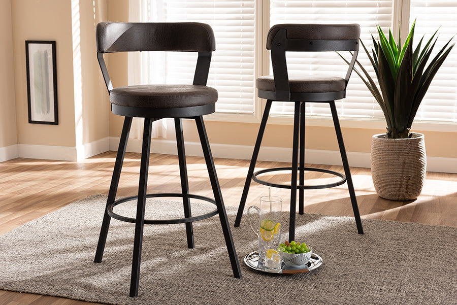 Baxton Studio Arcene Rustic and Industrial Antique Grey Fabric Swivel Bar Stool Set of 2