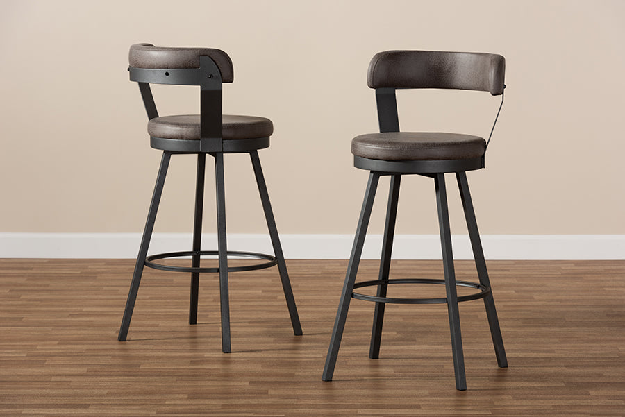 Baxton Studio Arcene Rustic and Industrial Antique Grey Fabric Swivel Bar Stool Set of 2