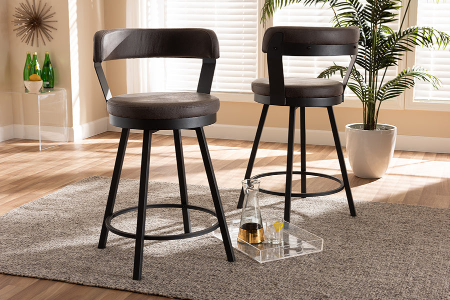 Baxton Studio Arcene Rustic and Industrial Grey Fabric Upholstered Counter Stool Set of 2