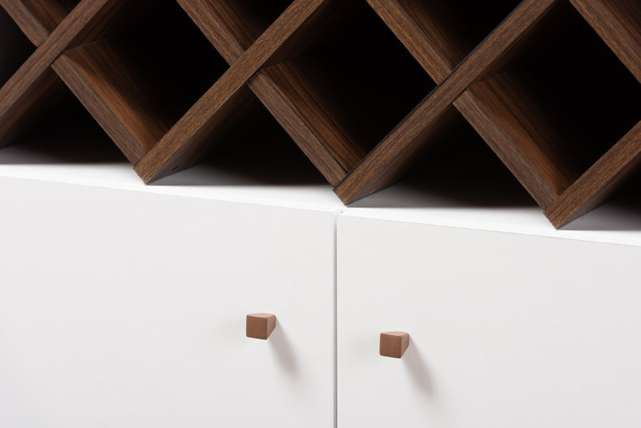 Baxton Studio Serafino Mid-Century Modern White and Walnut Finished Wood Wine Cabinet