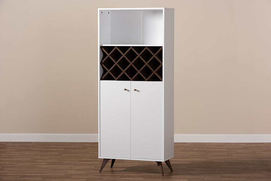Baxton Studio Serafino Mid-Century Modern White and Walnut Finished Wood Wine Cabinet
