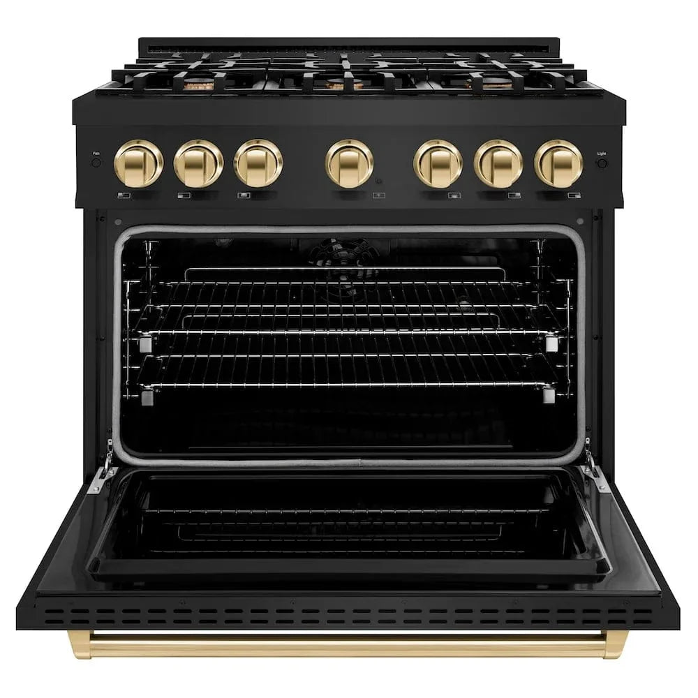 ZLINE 36" Dual Fuel Range, Gas Cooktop, Electric Convection Oven Black Stainless Steel, Gold CDRBZ-36-G