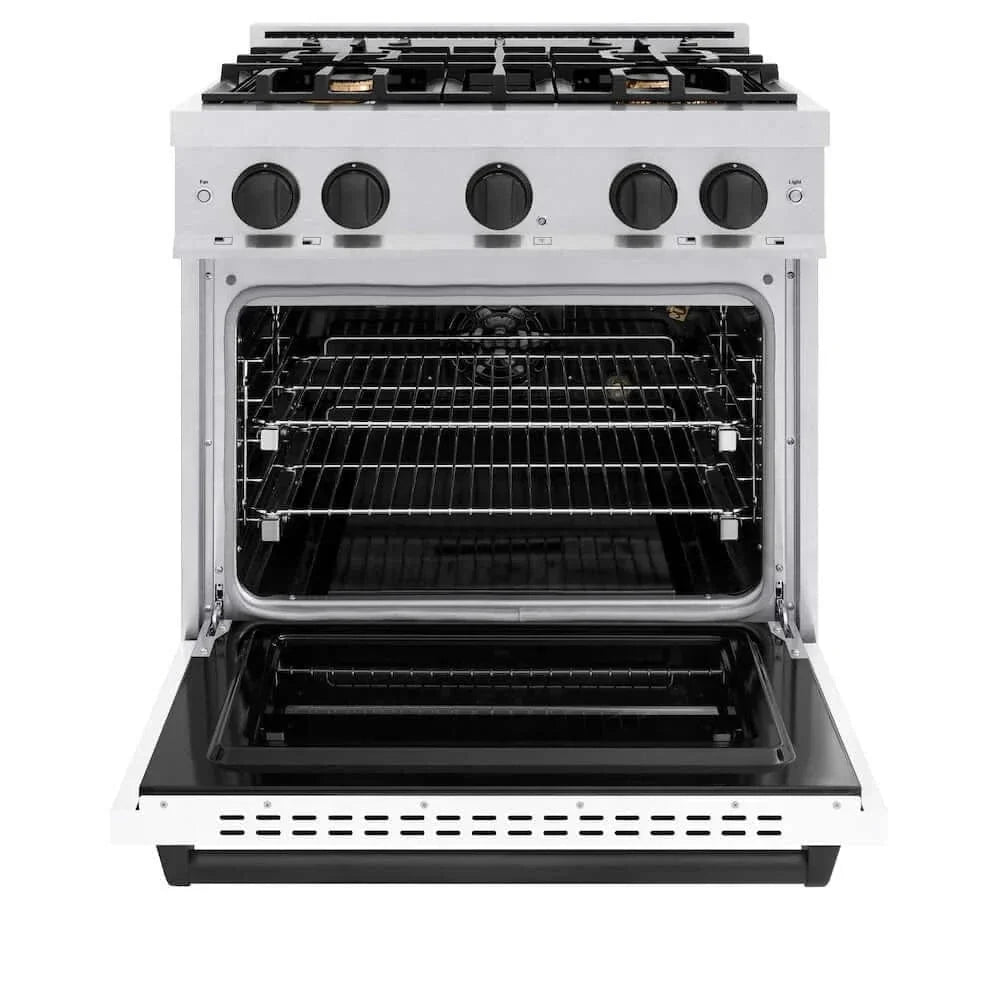 ZLINE 30"Classic Gas Range, Convection Gas Oven, DuraSnow® Stainless Steel, White Matte Door Matte Black CGRSZ-WM-30-MB