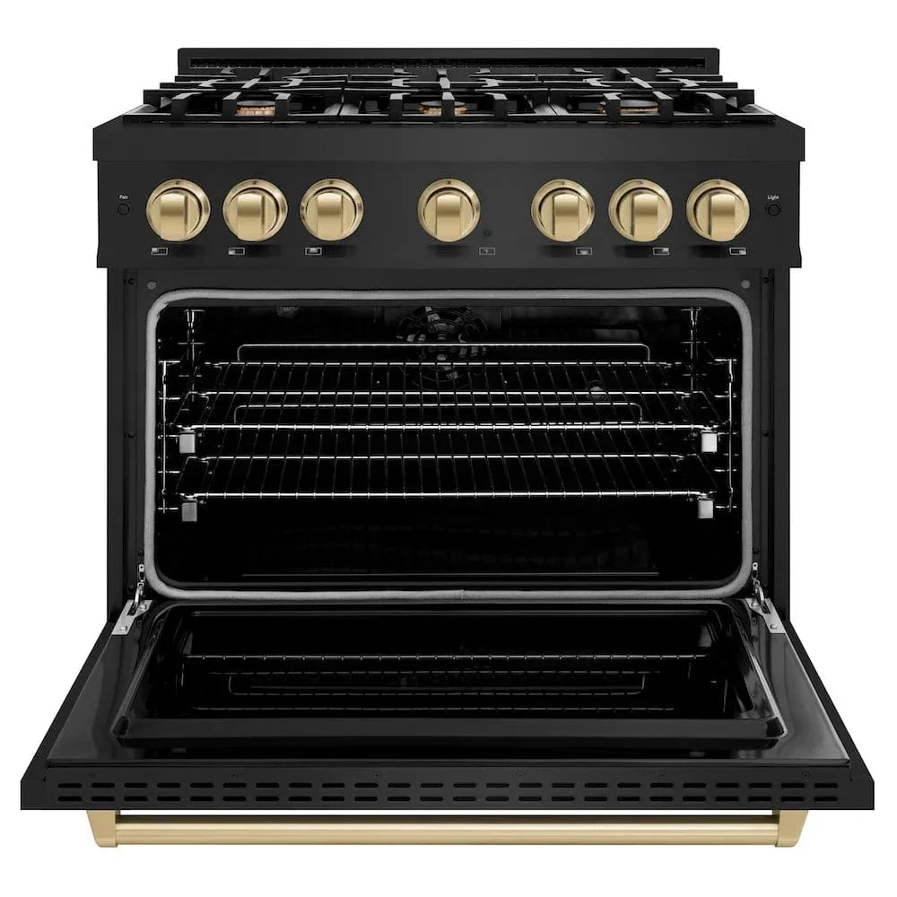 ZLINE 36" Dual Fuel Range, Gas Cooktop, Electric Convection Oven Black Stainless Steel, Champagne Bronze CDRBZ-36-CB