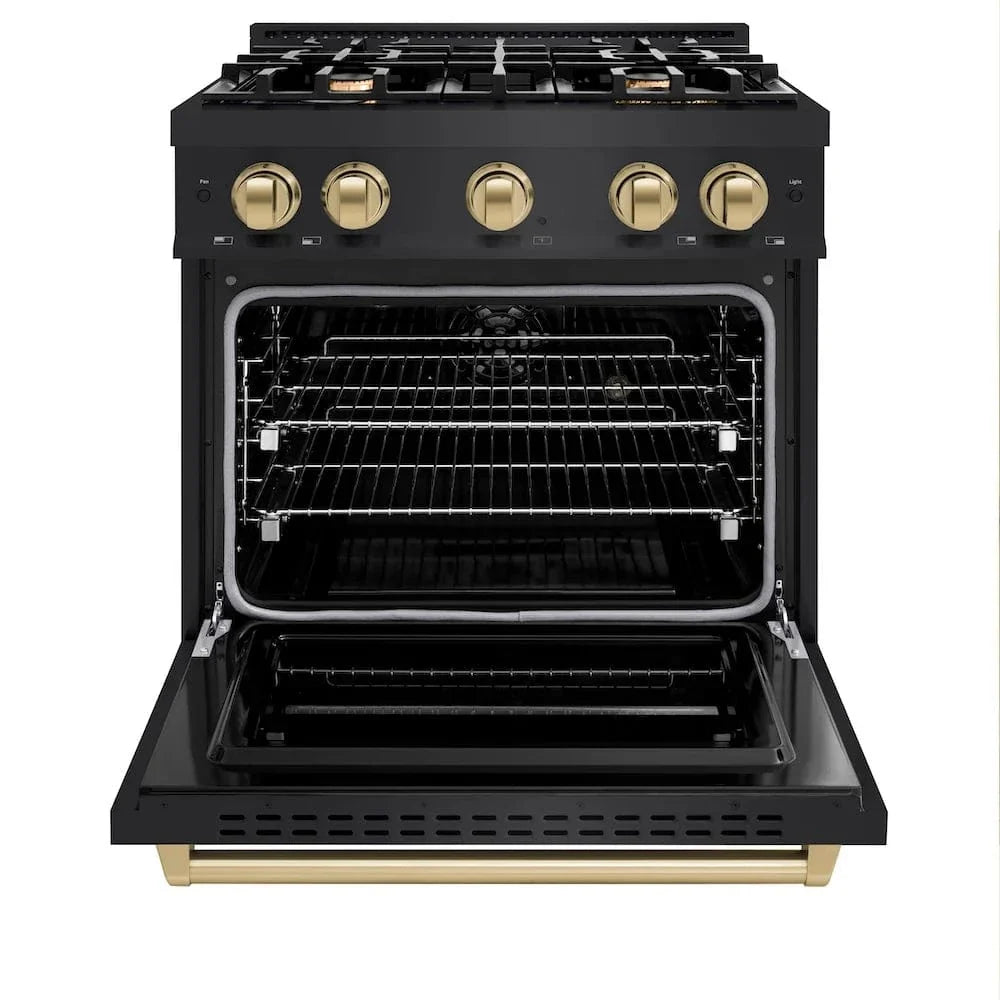 ZLINE 30" Dual Fuel Range, Gas Cooktop, Electric Convection Oven Black Stainless Steel, Champagne Bronze CDRBZ-30-CB