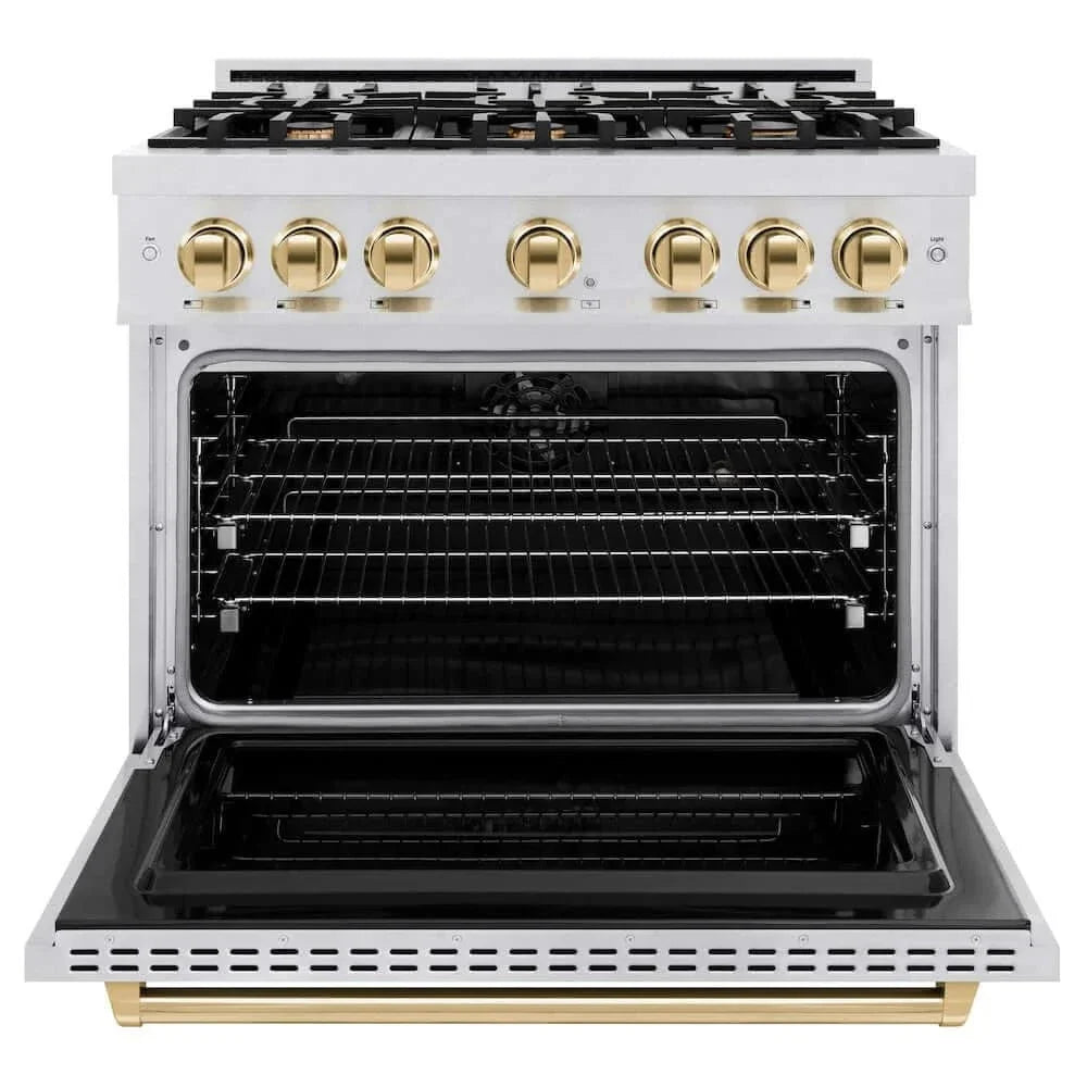 ZLINE 36" Dual Fuel Range, Gas Cooktop, Electric Convection Oven DuraSnow® Stainless Steel, Gold CDRSZ-36-G