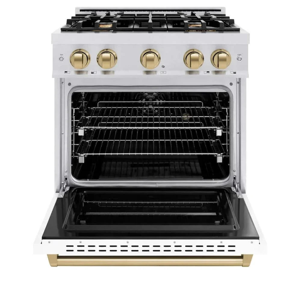 ZLINE 36" Dual Fuel Range, Gas Cooktop, Electric Convection Oven DuraSnow® Stainless Steel, White Matte Door Polished Gold CDRSZ-WM-36-G