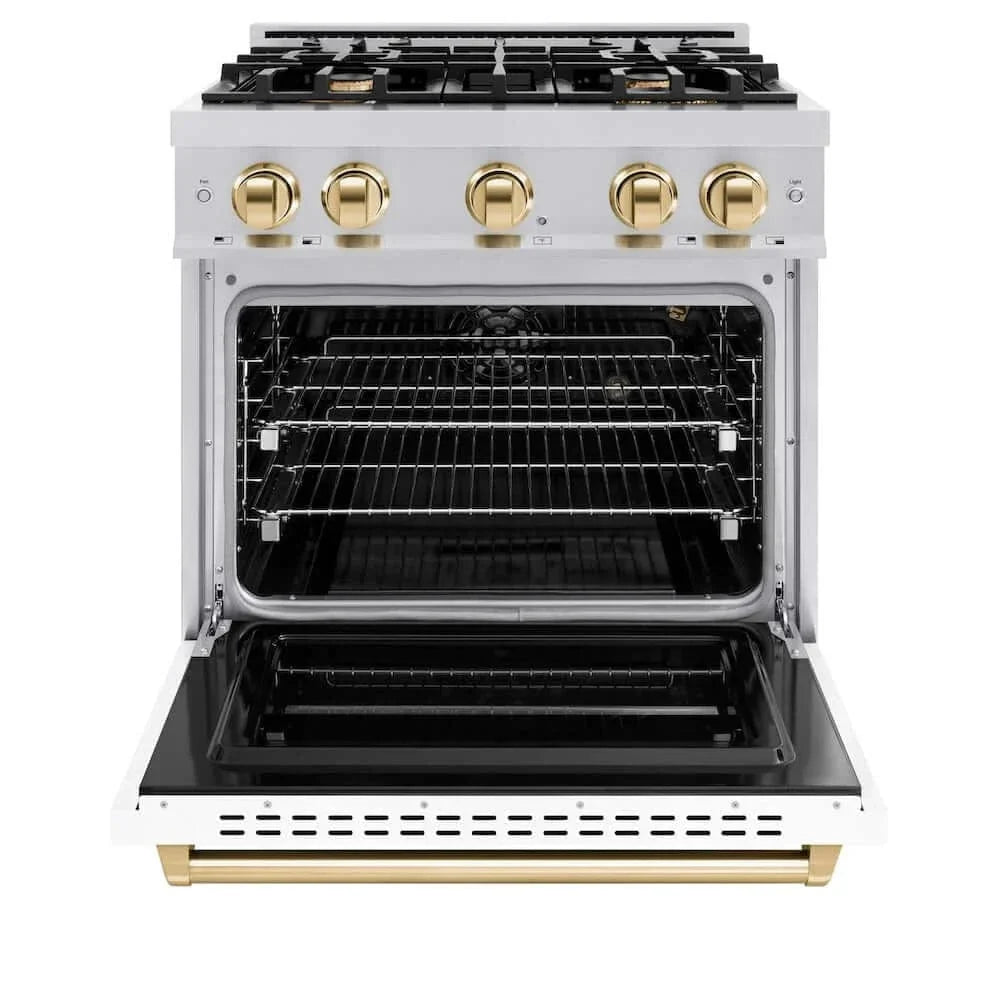 ZLINE 30"Classic Gas Range, Convection Gas Oven, DuraSnow® Stainless Steel, White Matte Door Polished Gold CGRSZ-WM-30-G
