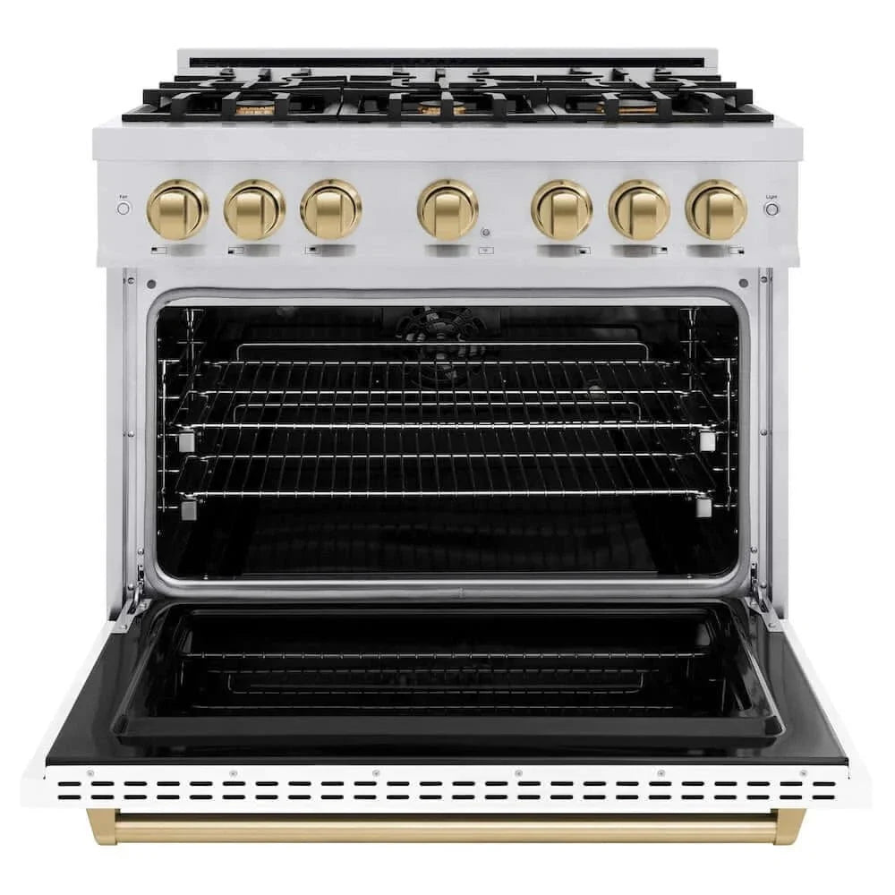 ZLINE 36" Dual Fuel Range, Gas Cooktop, Electric Convection Oven Stainless Steel, Matte White Door Matte Black CDRZ-WM-36-MB