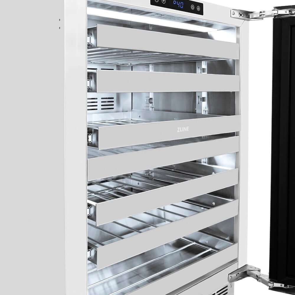 ZLINE 24" Touchstone Dual Zone 44 Bottle Wine Cooler Black Matte Glass Door Champagne Bronze Handle RWDOZ-BLM-24-CB