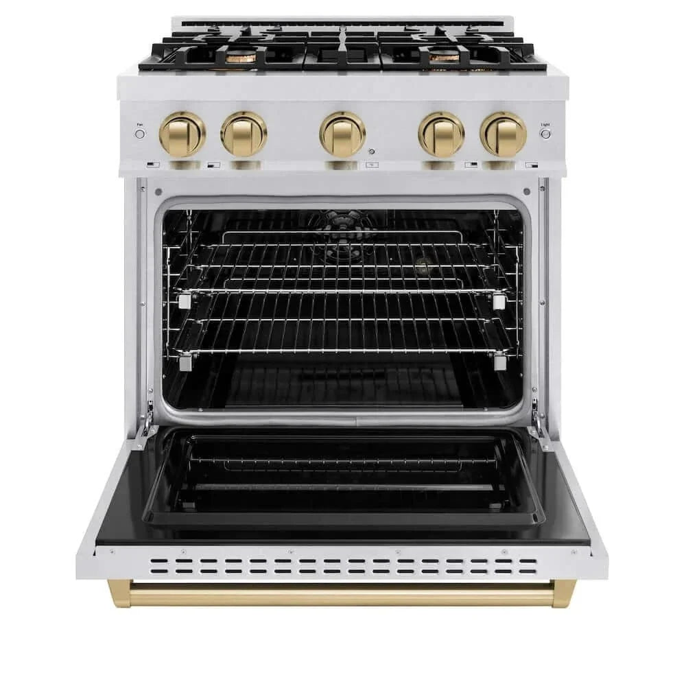 ZLINE 30" Dual Fuel Range, Gas Cooktop, Electric Convection Oven DuraSnow® Stainless Steel, Champagne Bronze CDRSZ-30-CB