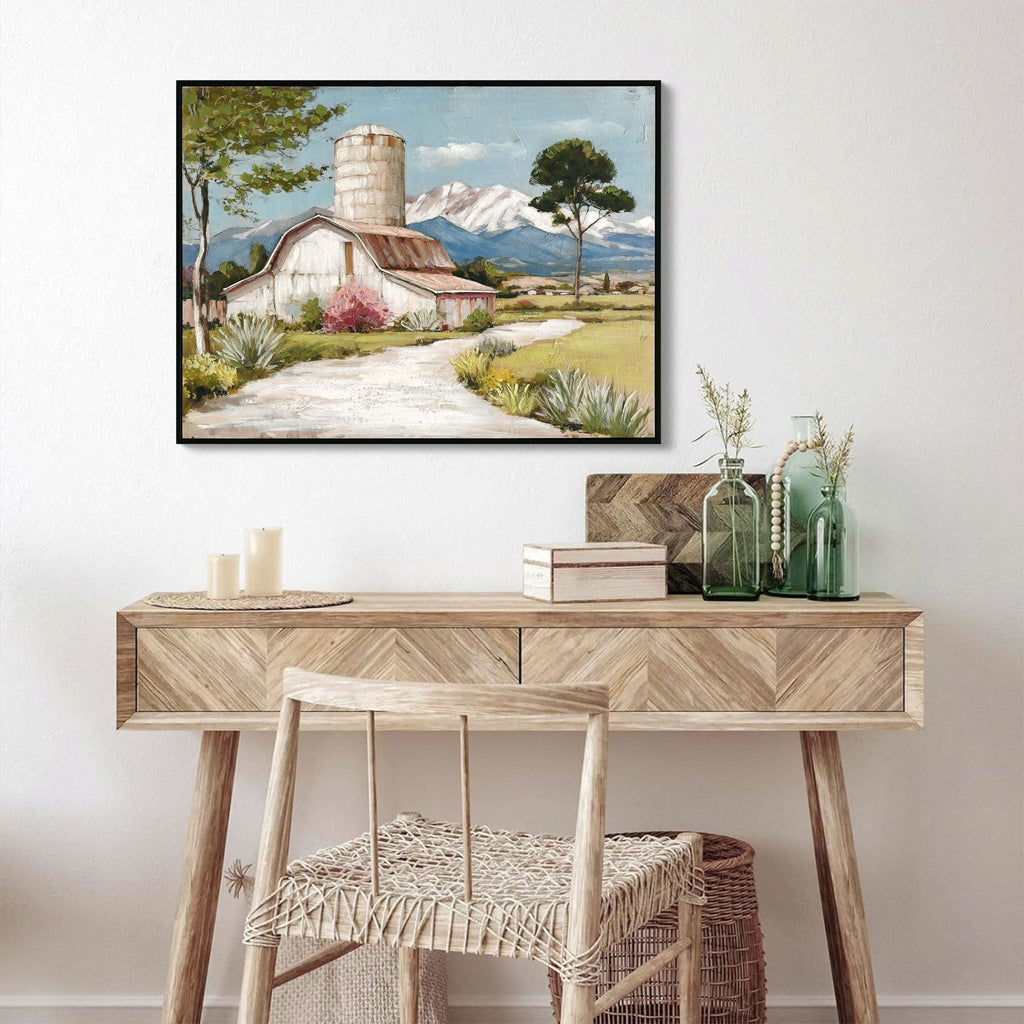 Framed Canvas Wall Art Beautiful Field Painting Wildflower Barn Print Nature Scenery Picture For Home - Blue / Pink