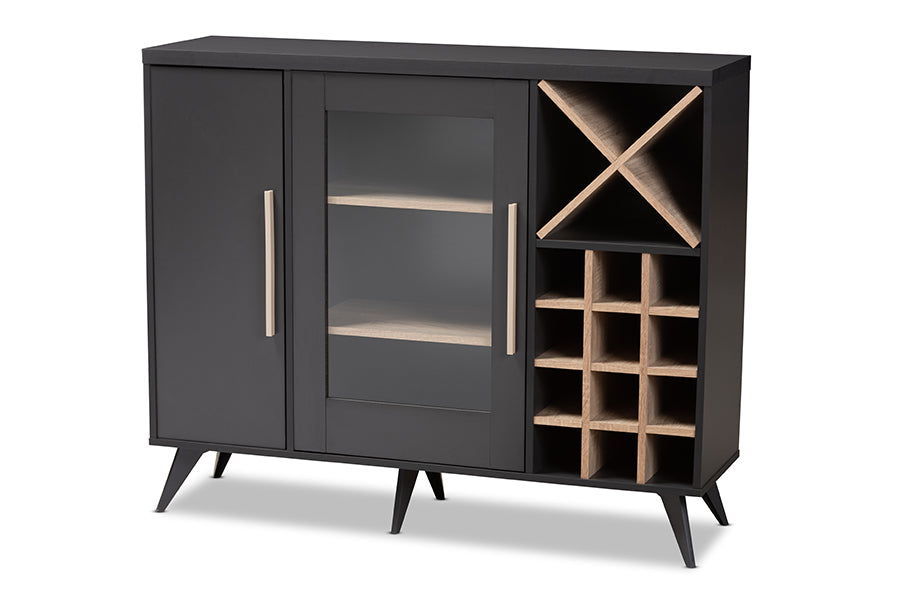 Baxton Studio Pietro Mid-Century Modern Dark Grey and Oak Finished Wine Cabinet