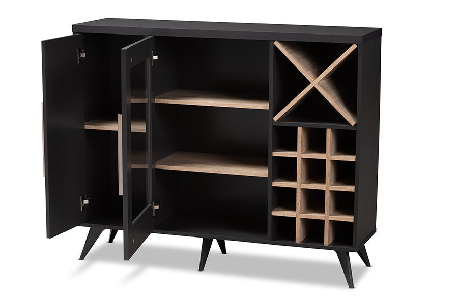 Baxton Studio Pietro Mid-Century Modern Dark Grey and Oak Finished Wine Cabinet