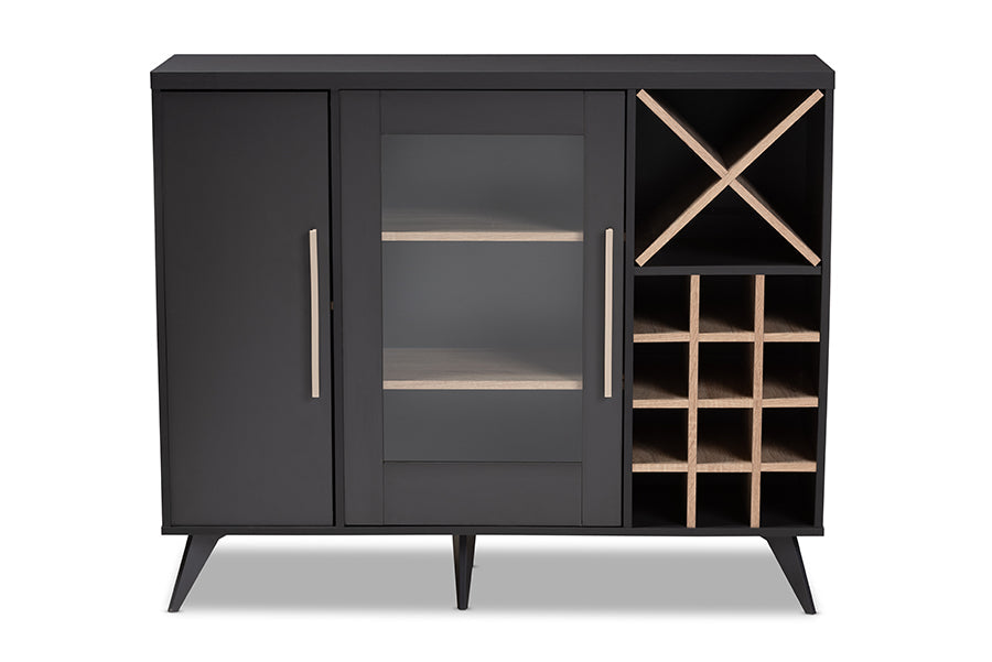 Baxton Studio Pietro Mid-Century Modern Dark Grey and Oak Finished Wine Cabinet