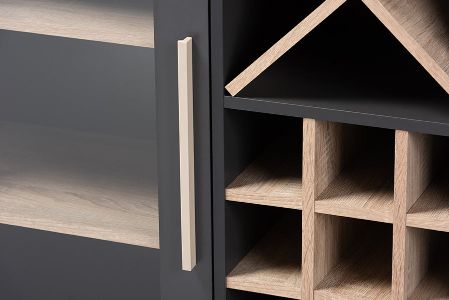 Baxton Studio Pietro Mid-Century Modern Dark Grey and Oak Finished Wine Cabinet