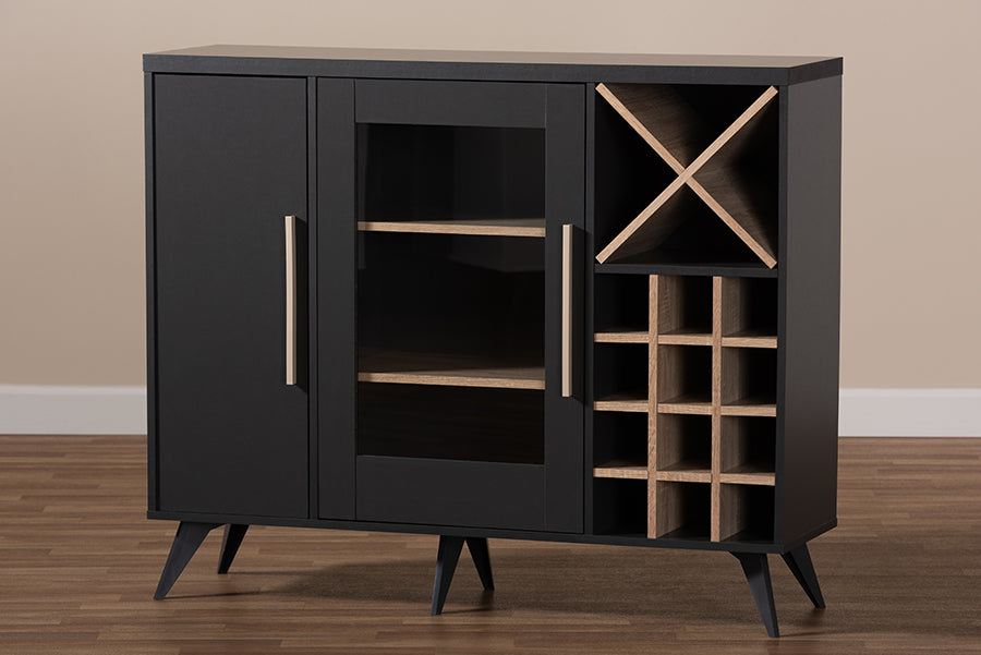 Baxton Studio Pietro Mid-Century Modern Dark Grey and Oak Finished Wine Cabinet