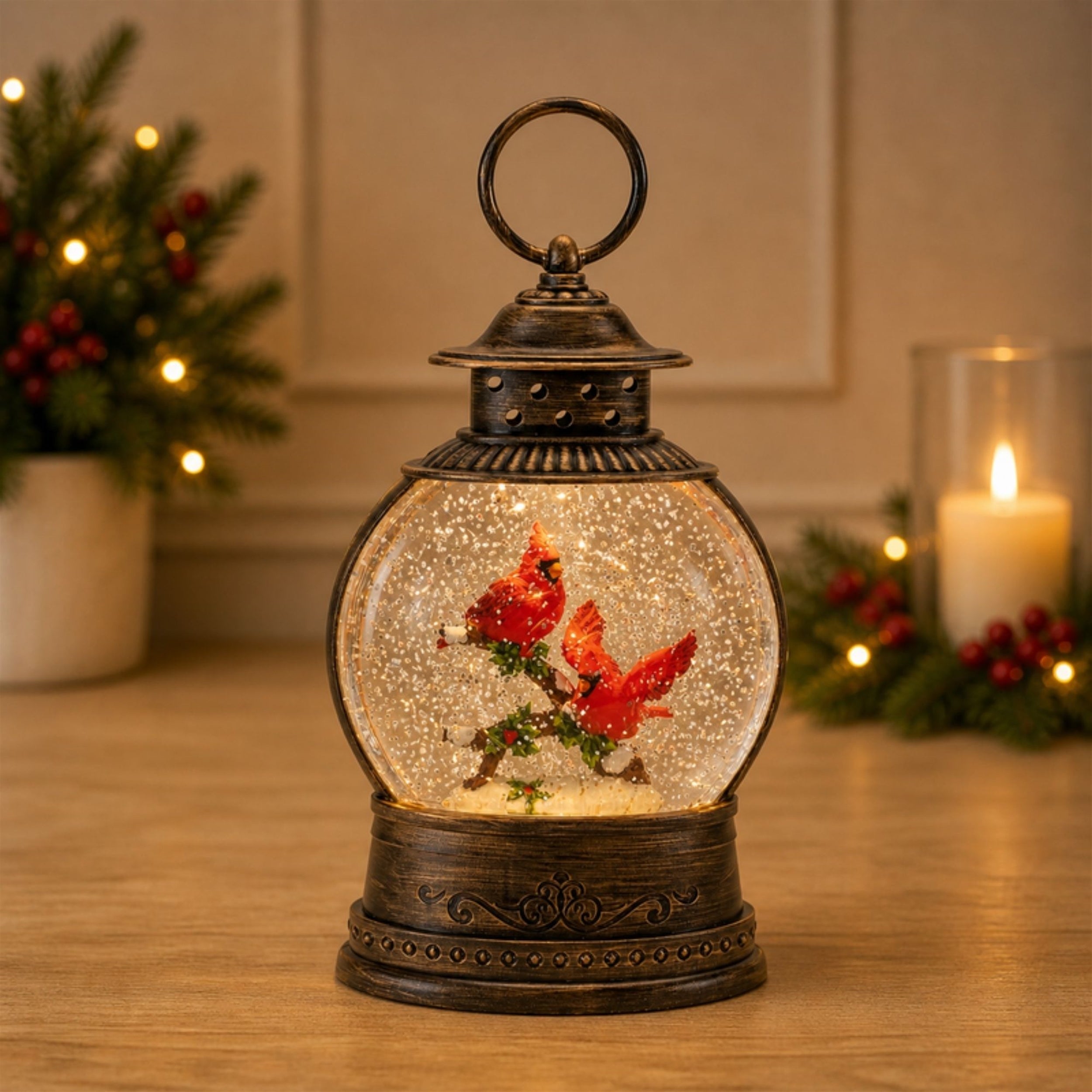 LED Snow Globe Lantern with Cardinal Bird Couple 8.25"H