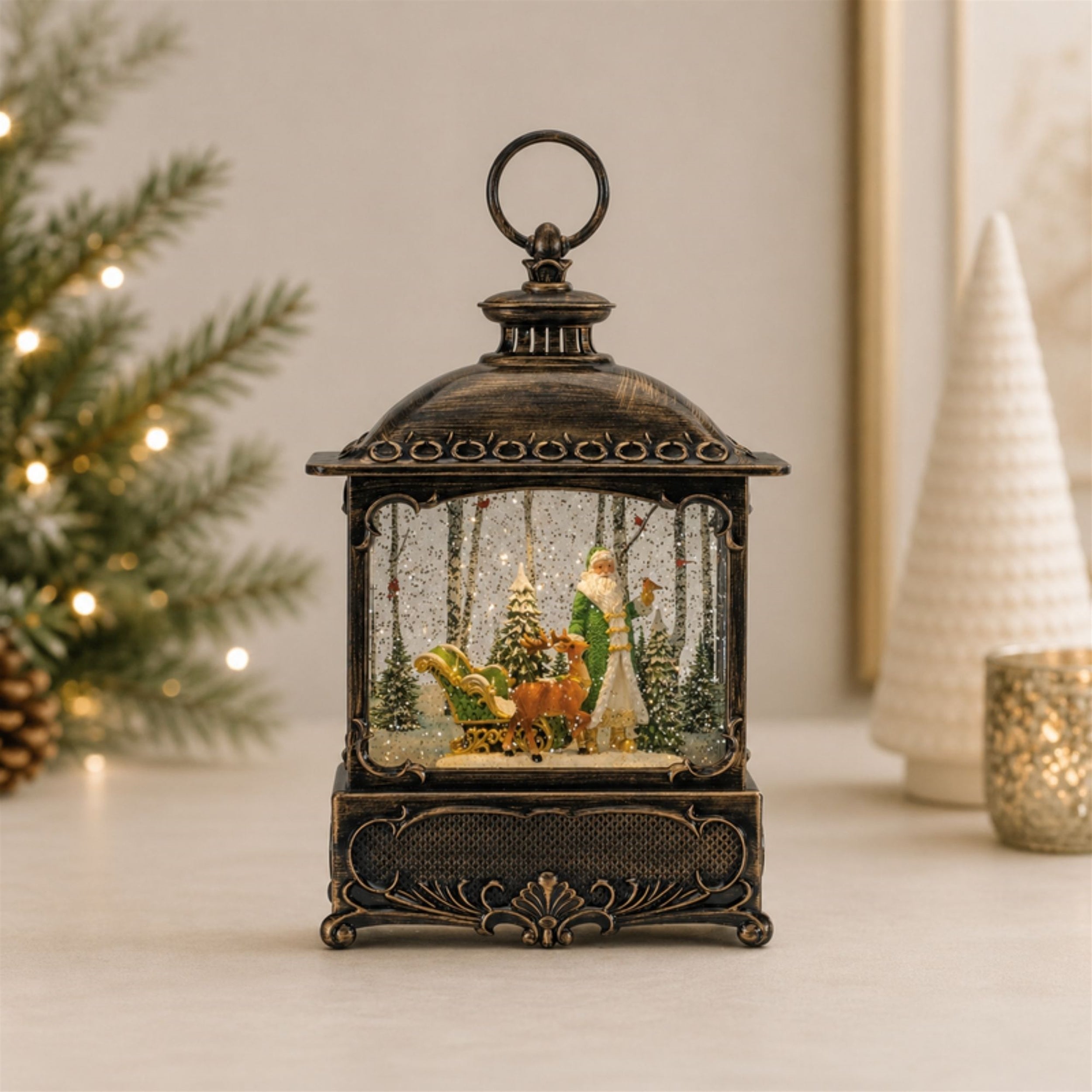 LED Snow Globe Lantern with Santa and Woodland Animals 10.5"H