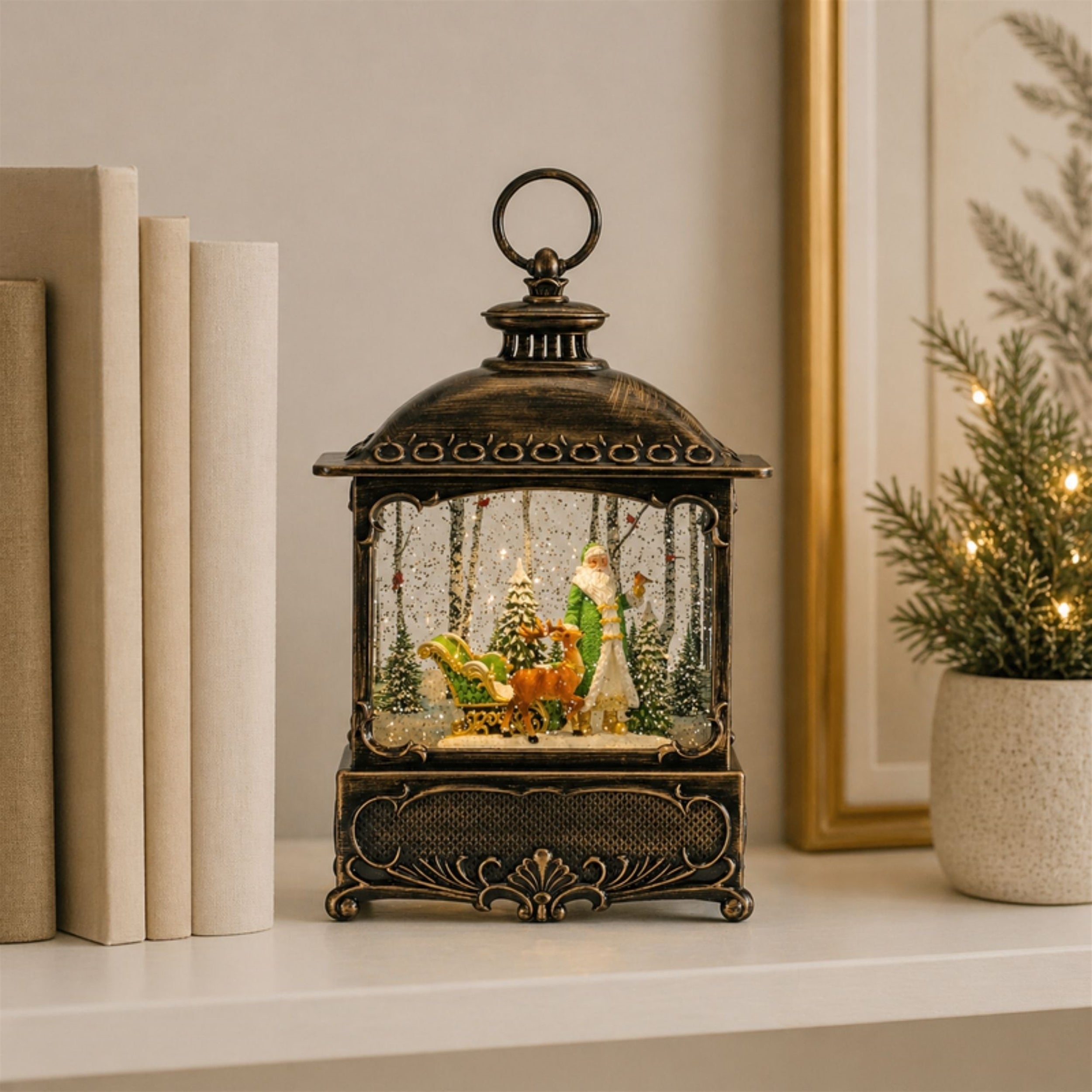 LED Snow Globe Lantern with Santa and Woodland Animals 10.5"H