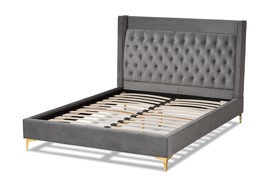 Baxton Studio Valery Modern and Contemporary Dark Gray Velvet Fabric Upholstered King Size Platform Bed with Gold-Finished Legs