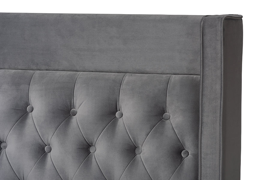 Baxton Studio Valery Modern and Contemporary Dark Gray Velvet Fabric Upholstered Queen Size Platform Bed with Gold-Finished Legs