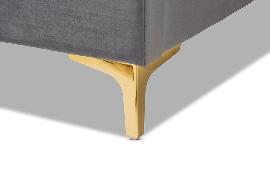 Baxton Studio Valery Modern and Contemporary Dark Gray Velvet Fabric Upholstered King Size Platform Bed with Gold-Finished Legs