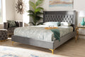 Baxton Studio Valery Modern and Contemporary Dark Gray Velvet Fabric Upholstered King Size Platform Bed with Gold-Finished Legs