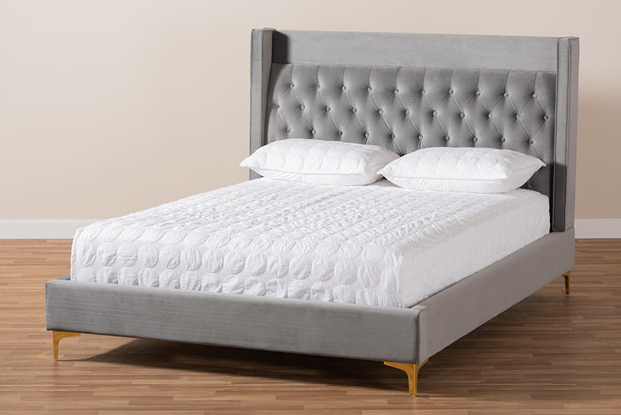 Baxton Studio Valery Modern and Contemporary Dark Gray Velvet Fabric Upholstered King Size Platform Bed with Gold-Finished Legs