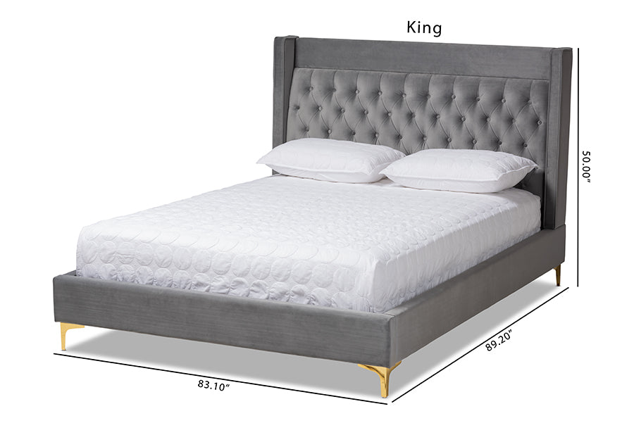 Baxton Studio Valery Modern and Contemporary Dark Gray Velvet Fabric Upholstered King Size Platform Bed with Gold-Finished Legs