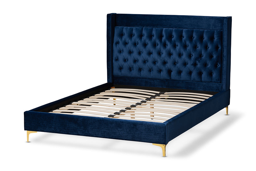 Baxton Studio Valery Modern and Contemporary Navy Blue Velvet Fabric Upholstered King Size Platform Bed with Gold-Finished Legs