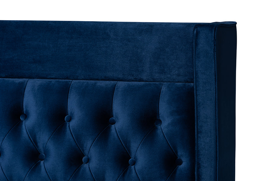 Baxton Studio Valery Modern and Contemporary Navy Blue Velvet Fabric Upholstered King Size Platform Bed with Gold-Finished Legs