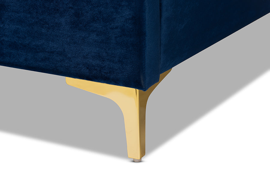 Baxton Studio Valery Modern and Contemporary Navy Blue Velvet Fabric Upholstered King Size Platform Bed with Gold-Finished Legs