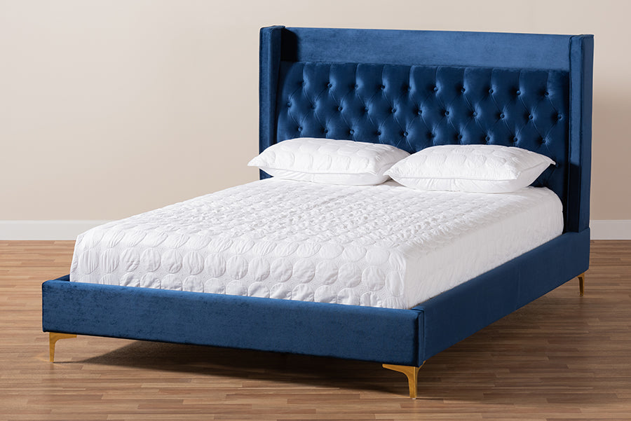 Baxton Studio Valery Modern and Contemporary Navy Blue Velvet Fabric Upholstered King Size Platform Bed with Gold-Finished Legs